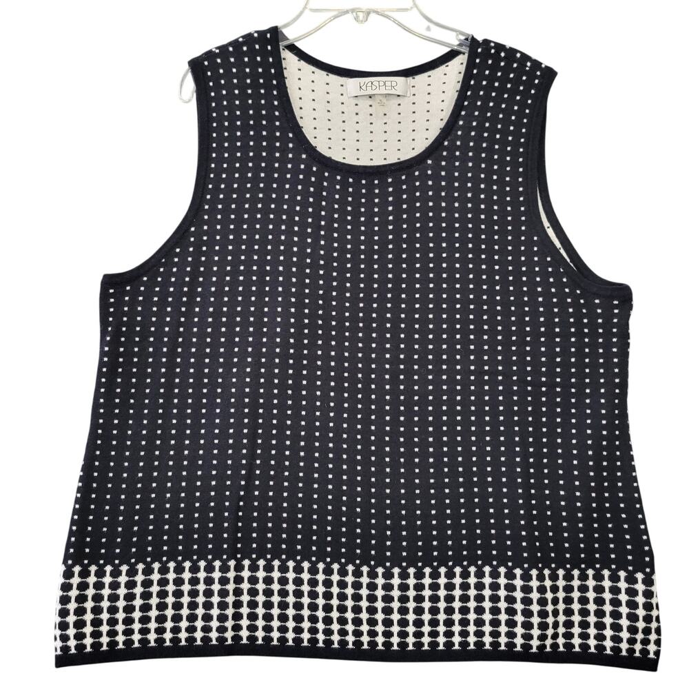 Kasper Black White Ivory Tank Lightweight Knit Scoop Polka Dot Women Size XL Top